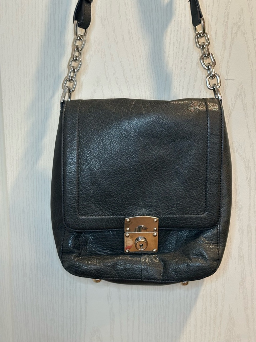 Danier Darkest Green Leather Cross Body Bag with Silver tone Chain &  Lock